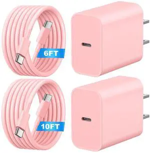 KEHIPI  USB C Charger Block,20W Phone 16 Fast Charging Wall Charger with 6TF/10FT Type C to USB-C Cable,Compatible with Phone 16/16 Plus/16 Pro/16 Pro Max/15/15 Pro Max/Pad and More,Pink
