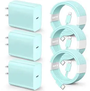 KEHIPI for iPhone Fast ChargerMFi Certified 3 Pack 20W PD USB C Wall Charger Adapter with 6FT USB C to ightning Cord Fast Charging Cable Compatible with iPhone 14/13/12/11/Pro/Pro Max/Xs/Xr/X, Blue