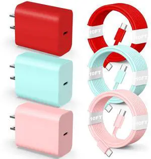 KEHIPI Compatible with iPhone 17 16 15 Fast Charging Cable 10Ft,3Pack 60W USB C to USB C Fast Charging Cable Cord for Phone 17 16 15/15 Pro/15 Pro Max/15 Plus, Pad Pro,MacCBoOok Samsunng-RedGreenPink