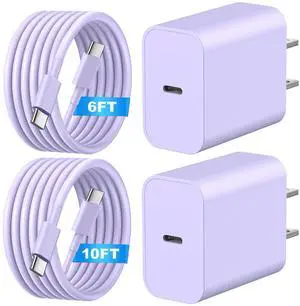 KEHIPI  Fast Charger for Phone 16/15 Charger,2 Pack Type C Wall Charger Block with 2 Pack 6FT/10FT Long USB C to USB C,for Phone 16/15/Max/Pro,Pad,for Swiitchh,Samsunngg,Purple