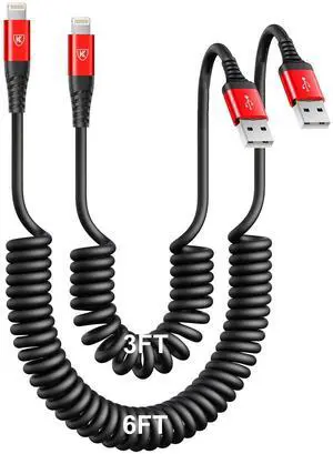 KEHIPI Coiled Lightning Cable, iPhone Charger Cable 3FT/6FT for CarPlay, 2 Pack [Apple MFi Certified] Lightning Cord Compatible with iPhone14/13/12/11 Pro Max/XS MAX/XR/XS/X/8/7/Plus/6S iPad/iPod-Red