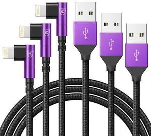 KEHIPI  iPhone Charger Cable 6ft, 3 Pack Lightning Cable, 90 Degree Nylon Braided Gaming Charging Cord, USB to Lightning Cable Compatible with 13 12 11 Pro XS MAX XR X 8 7 6S Plus SE iPad iPod, Purple