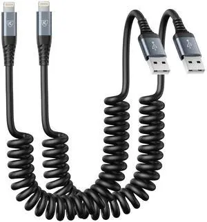 KEHIPI iPhone Charger Cable 6FT for Car, Coiled Lightning Cable 2 Pack 6 Feet Lightning Cord Compatible with iPhone14 13/12/11 Pro Max/XS MAX/XR/XS/X/8/7/Plus/6S iPad/iPod - Black