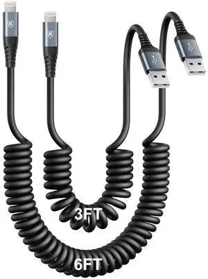KEHIPI iPhone Charger Cable for Car [3FT+6FT], Coiled Lightning Cable 2 Pack Lightning Cord Compatible with iPhone14 13/12/11 Pro Max/XS MAX/XR/XS/X/8/7/Plus/6S iPad/iPod-Black