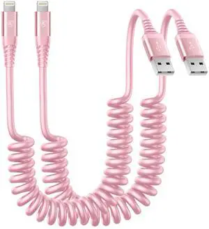 KEHIPI iPhone Charger Cable for Car 3FT, 2Pack Coiled Coiled Lightning Cable [Apple MFi Certified] iPhone Cable Compatible with iPhone14/13/12/11 Pro Max/XS MAX/XR/XS/X/8/7/Plus-Pink