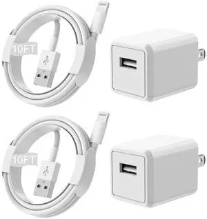 KEHIPI iPhone Charger,Extra Long 2 Pack 10FT Lightning Cable Cube i Phone 12 Charger Charging Transfer Cord Cable with USB Plug  for iPhone 14/13/12/11/SE2022/8/7/XS/XR/X/iPad