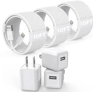 KEHIPI 3Pack 10FT Long iPhone Charger,Cube Phone Charging Transfer Cord 10Foot Lightning Cable USB Plug Wall Charger Block Travel Adapter for iPhone 14/13/12/11/SE 2022/8/7/XS/XR/X/iPad