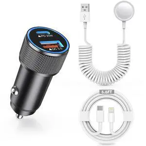 KEHIPI 38W Car Charger for Apple Watch,Fast USB C Car Charger PD&QC3.0 Dual Port Charging Adapter,6 Foot USB-C to Lightning Cable with  Fast Charging Cable for iWatch Series 10/9/8,iPhone 14/13