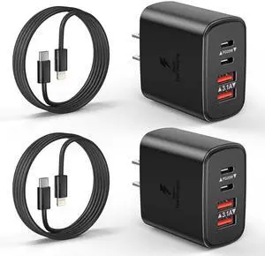 KEHIPI iPhone Charger Fast Charging, 2-Pack 4-Ports Wall Plug Fast Charger Block & 6ft Long USB C to Lightning Cable Quick Charging Cube Adapter for iPhone 14/14 Plus/14 ProMax/13/13 Pro/12/11/XS/iPad