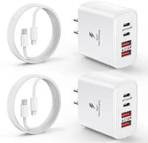 KEHIPI iPhone Charger Fast Charging, 2 Pack 40W 4-Port USB C Wall Charger Block with 2 Pack 6FT Long USB C to Lightning Cable for iPhone 14/13/12/11/Pro/Pro Max/Mini/Xs Max/XR/X, iPad