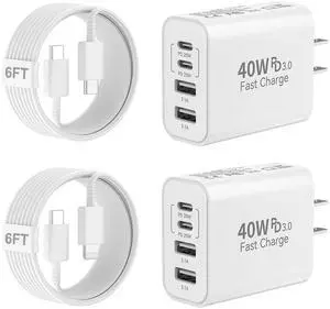 KEHIPI 40W USB C Charger Block,4-Port Type C Fast Charging Block Dual PD&QC Wall Plug Power Adapter with USB C to C Charging Cables for iPhone 15/15 Pro/ 15 Pro Max/14/13/12, Samsung Galaxy S24 Series