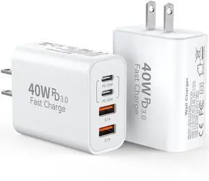 KEHIPI USB C Fast Charger Block,40W 4Port iPhone 17 Type C Charger Fast Charging Block PD Power Adapter+QC3.0 USB A Wall Charger Plug Type C Brick for iPhone 17/16/15/14/13Pro Max/iPhone Samsung,2Pack