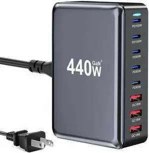 KEHIPI 440W Fast USB C GAN Charger Block 8 Port Charging Station HUB Brick Dual PD PPS 100W Wall Charger Compatible with MacBook Pro/Air/All, iPad, iPhone 17/16/15/14/Pro Max, Android Devices etc