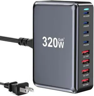KEHIPI 320W USB C Fast Charger Block,8 Port USB Charging Station, GaN  Pro 100W PD PPS Port Fast Charging Station Hub, Laptop Wall Charger Compatible with MacBook, iPhone 17,iPad,Android Devices etc