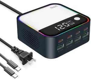 KEHIPI 120W GaN USB C Charger Block Fast Charging, MultiPort USB Charging Station with Rainbow Gradient Light & LED Display for iPhone, Samsung Galaxy, iPad, Tablet, Laptop, Drones, Headphones