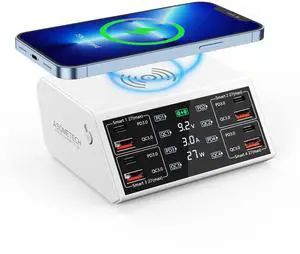 KEHIPI USB Charging Station,100W 8-Port Charging Station for Multiple Devices with 4 QC3.0+4 USB-C PD Ports,Wireless Charger,Multi Fast Charging Hub Charger Station for iPhone,Samsung, iPad