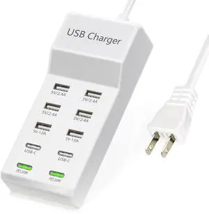 KEHIPI USB Charger,100W USB Charging Station with 10-Port(6 USB-A Port&2 USB-C Port&2 PD20W) Compatible with iPhone 15/14/13/13pro Max 12/12 Mini/12Pro/12 Pro Max/11,Tablets, Smartphones White