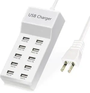 KEHIPI  50W 10-Port USB Charging Station for iPhone 15/15 Pro/15 Pro Max/15 Plus/14/13/12/11/Xs Max/XR/X/SE White
