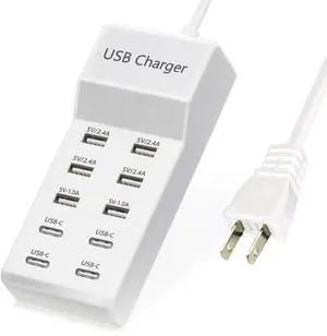 KEHIPI USB Charger,50W USB Charging Station with 10-Port (6 USB-A Port & 4 USB-C Port) Compatible with iPhone 15/14/13/13pro Max 12/12 Mini/12Pro/12 Pro Max/11,Tablets, Smartphones White