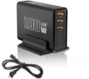 KEHIPI  Black USB Fast Charger, 100W GaN 6-Port (3C + 3A) Square Charging Station, Compatible with Laptops, Mobile Phones, Tablets, and Other Devices