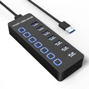KEHIPI USB Hub 3.0 7 Port, USB Data Hub Splitter with LED Individual On/Off Switches and Lights, 5Gbps High Speed USB Port Expander for MacBook, Mac Pro, Mac mini, iMac, Surface Pro, XPS, PC