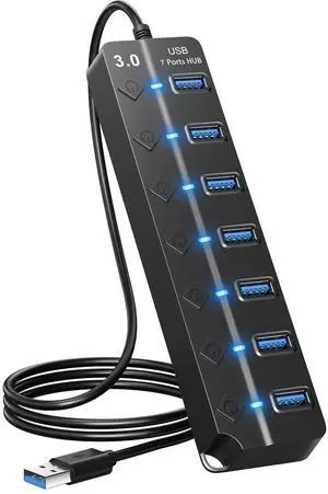 KEHIPI USB Hub 3.0, 7-Port USB Hub Splitter with Individual On/Off Switches and Lights, 3.2ft/1m Long Cable Compatible with MacBook, Laptop, Surface Pro, PS4, PC, Flash Drive, Mobile HDD