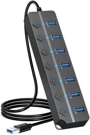 KEHIPI  USB Hub 3.0, 7-Port USB Hub Splitter with Individual On/Off Switches and Lights, 3.2ft/1m Long Cable Compatible with MacBook, Laptop, Surface Pro, PS4, PC, Flash Drive, Mobile HDD-Gray
