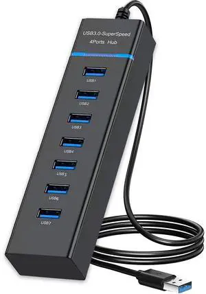 KEHIPI USB Hub 3.0,  7-Port USB Data Hub Splitter for Laptop, PC, MacBook, Mac Pro, Mac mini, iMac, Surface Pro and More USB Devices-1ft Cable