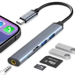KEHIPI USB C Hub SD Card Reader, 5 in 1 Aluminum USB C Hub with 3.5mm Headphone Jack, Memory SD/TF Card Reader and 2 USB A Ports for MacBook Air/Pro, ipad Pro, and More Type C Laptops/Tablet/Phone