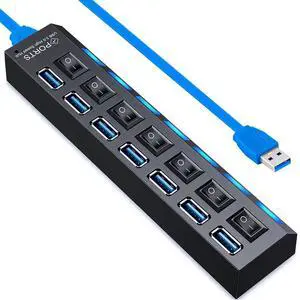 KEHIPI USB Hub 3.0,  7-Port USB Extender Splitter with Individual LED ON/Off Switches, USB3.0 Hub for Laptop, PC, MacBook, Mac Pro, Mac mini, iMac, Surface Pro and More USB Devices-2FT