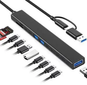 KEHIPI 11 in 1 USB C Hub USB Hub 3.0 with SD Card Reader,  USB Extender with Memory SD/Micro SD Card Reader, for Laptop, PC, MacBook, iPad Pro, iMac-Aluminum