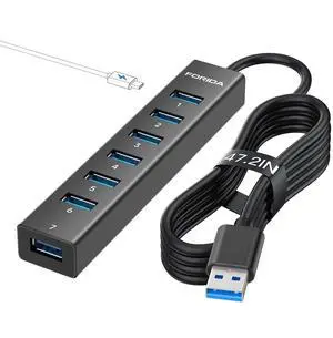 KEHIPI Aluminum Alloy 8 Port USB Hub Long Cable USB Splitter with 7-USB3.0 Data Ports and TypeC 5V/3A Power Port Compatible with MacBook, Laptop,Surface Pro, PS5, PC and More (Black, USB A-47in)