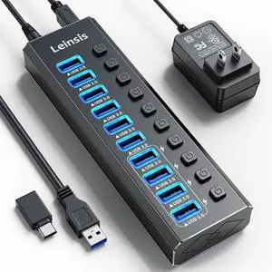 KEHIPI Powered USB Hub 3.0, 10-Port USB 3.0 Hub [Durable Aluminum] 10 Data Transfer Ports+ 4 Smart Charging Ports with Individual On/Off Switches, USB Hub 3.0 Powered with Power Adapter for Laptop PC