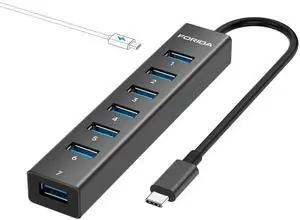KEHIPI USB C Hub-8 Port USB HUB with 7 USB3.0 Data Ports,Aluminum Alloy USBC Splitter with Type C 5V/3A Power Port Compatible with MacBook, iPad, Surface Pro, XPS, Laptop,PC (Black,USB C-9.8in)