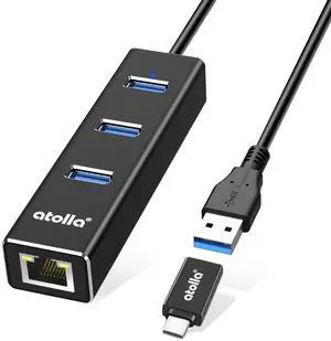 KEHIPI USB 3.0 Hub with Gigabit Ethernet  3-Port SuperSpeed USB-A Hub + USB-C Adapter, 5Gbps Data Transfer, Plug-&-Play, Aluminum Design  Compatible with MacBook Pro/Air,Dell XPS,Surface,Chromebook