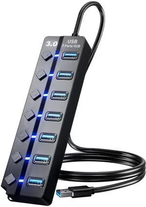 KEHIPI USB 3.0 Hub, 7-Port USB Data Hub Splitter with 3ft Long Cable USB Extension for Laptop,PC Computer,Surface Pro, PS4/5, Flash Drive, Mobile HDD - with LED Individual On/Off