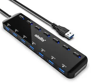 KEHIPI 7-Port USB 3.0 Hub Splitter, USB Extender Ultra Slim Data USB Hub with Individual Power Switch and LEDs