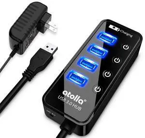 KEHIPI 4-Port USB 3.0 Hub with 4 Data Ports, 1 Smart Charging Port, Individual On/Off Switches and 5V/3A Adapter
