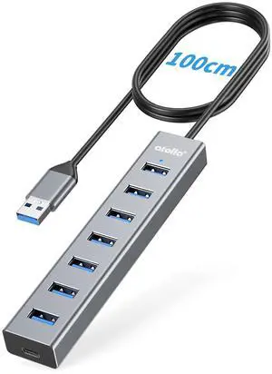 KEHIPI Aluminum 7-Port USB 3.0 Hub with 1m Extension Cable - 5Gbps High-Speed Data Transfer for MacBook Pro, Laptop, PC, Gaming Setup-Gray
