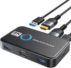 KEHIPI KVM Switch 1 Monitors 2 Computers USB Switch for 2 Computers Share Keyboard Mouse Printer and one HD Monitor Support UHD 8K@60Hz with 2 USB Cable and 2 HDMI Cable (Black)