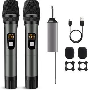 KEHIPI Wireless Microphone, Handheld UHF Dual Metal Cordless Dynamic Mic System with Rechargeable Receiver,200ft Range,for Karaoke, Speech, Party, Wedding, Church,Singing Machine-Auto Connect