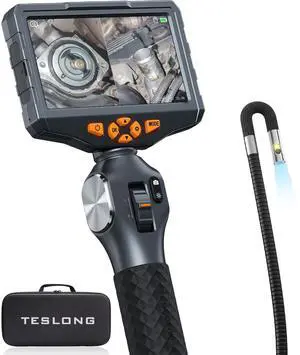 Teslong Articulating Borescope with Dual Lens Endoscope, 5-inch IPS Automotive Inspection Camera with Two-Way Articulation Tip, 6+1 LED Lights, Mechanics Fiber Optic Scope-Dia. 0.25 inch & L 5.0 feet