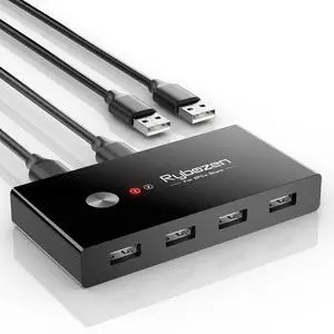KEHIPI USB Switch Selector for 2 Computers, USB Switcher Sharing 4 USB 2.0 Devices Peripheral Hub for Mouse Keyboard Scanner Printer with One-Button Swapping and 2 Pack USB A to A Cable