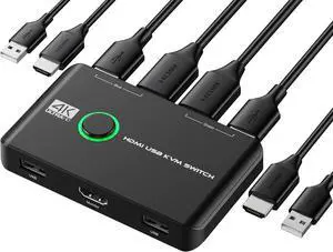 KEHIPI 4K KVM Switch HDMI 2 Port Box, USB HDMI KVM Switches for 2 Computers Share Keyboard Mouse Printer and one HD Monitor, Support UHD 4K@60Hz, with 2 USB Cables and 2 HDMI Cables