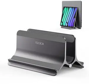 KEHIPIVertical Laptop Stand for Desk, Aluminum Laptop Holder Compatible with MacBook Pro, MacBook Air Stand Up to 17 inch, Gravity Auto-Lock Cooling, 3in1 Space Saving Desk Organizer Accessories, Gray