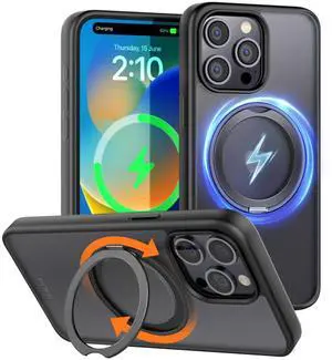 KEHIPI for iPhone 15 Pro Max Case with 360°Rotate Magnetic Ring Stand Compatible with Mag-Safe, Shockproof & Anti-Drop Silicone Case, Alloy Invisible Kickstand, All-in-1 Phone Case Stand 6.7" Black