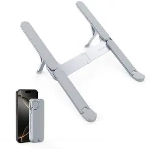 KEHIPI Ultra Compact Foldable Laptop Stand - Portable Laptop Holder for Desk & Travel Use, Ergonomic Aluminum Computer Holder with Adjustable Height for MacBook, Tablet 10-16" (Light Gray, Bi-Fold)