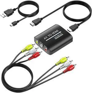 KEHIPI RCA to HDMI Converter, AV to HDMI Converter for TV/PC/N64/Wii/PS1/PS2/PS3/STB/Xbox/VHS/VCR/Blue-Ray DVD Players, with 3.3ft RCA and HDMI Cables