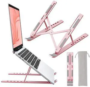 KEHIPI  Laptop Stand for Desk, Aluminum Metal MacBook StandComputer Riser for Desk, Portable Foldable Adjustable Notebook Holder, Compatible with 10-15.6 Inch Laptops, iPad, Rose Gold.