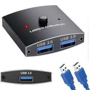 KEHIPI USB 3.0 Switch Selector 2 in 1 Out / 1 in 2 Out, Bi-Directional USBA Sharing Switch 2 Computers 1 USBA Device, USB KVM Switcher for Keyboard, Mouse, Printer,Scanner, 2 Pack 3.0 Cables Included